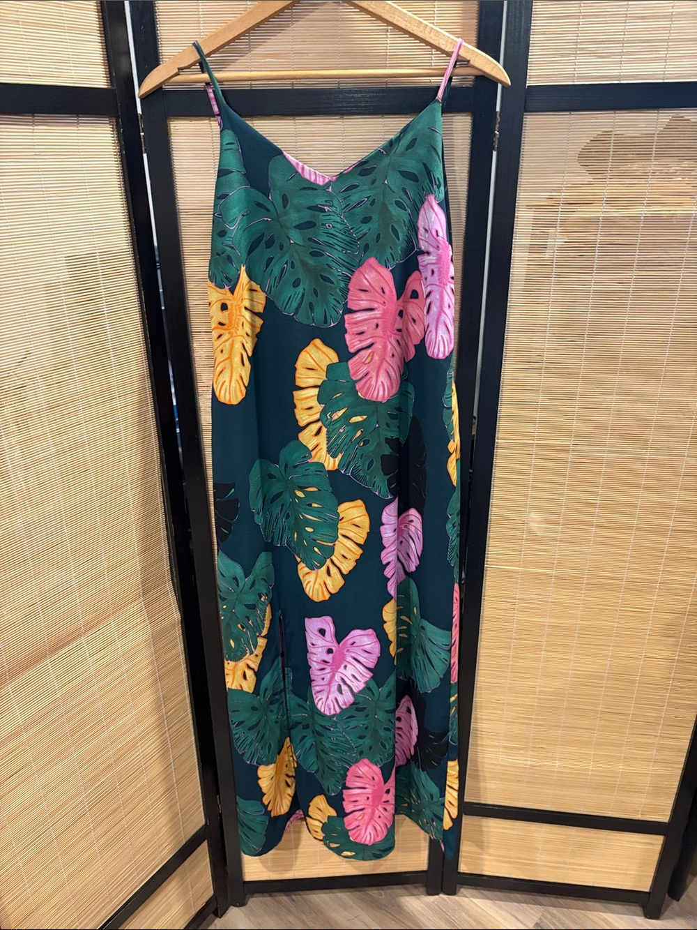 Tropical Green Maxi Slip Skirt with Pink & Yellow Leaf Print